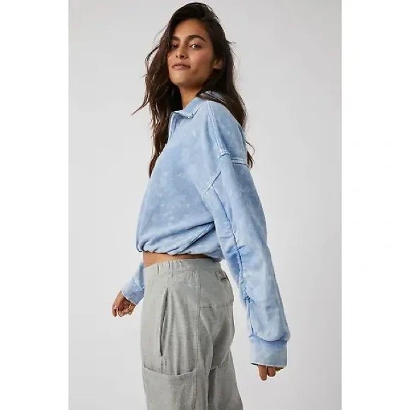 Free People Movement Valley Girl Sweatshirt Acid Wash Blue Quarter-Zip Pullover - Picture 2 of 12